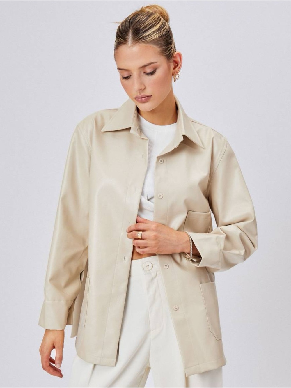 NWT CIDER Beige Faux Leather Button-Front Shacket / Shirt Jacket